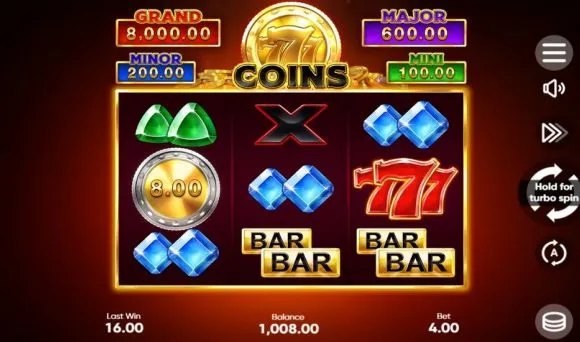 777 Coins Ekran gry slotowej online z bębnami, symbolami i kwotami jackpotów